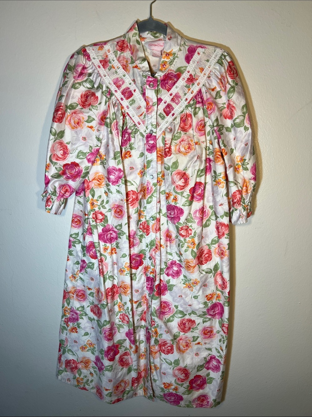 Vintage Carriage Court Pink Orange Floral Cotton Snap Front Midi House Dress M L